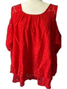Cato -XL- Red Floral Lace Fluttered Sleeve Cold Shoulder Lined Top Blouse Nylon